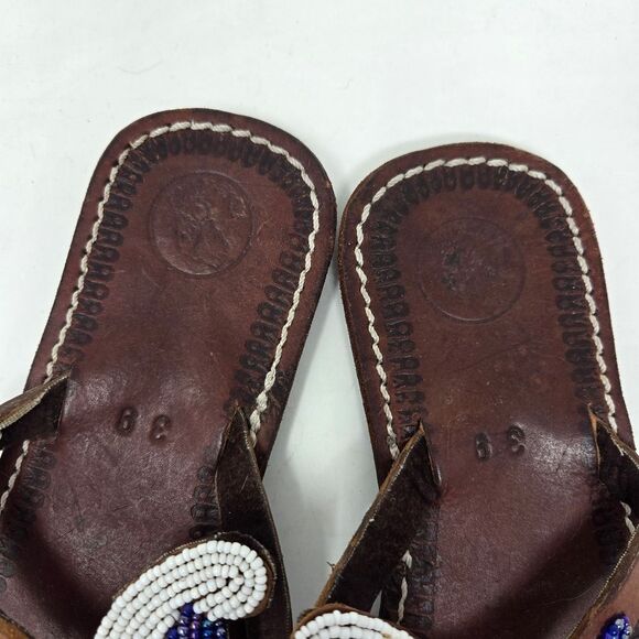 Leather Beaded BOHO Sandals Flip Flops Paisley Sz 39 Colorful Made In Africa - Picture 7 of 12